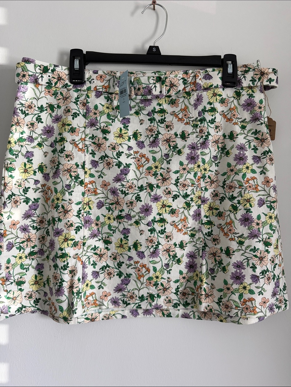 LOFT White Floral Mini Skirt with Purple, Yellow & Green